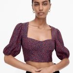 ZARA Red & Black Floral Puff Sleeve Sweetheart Crop Top Photo 0