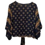 By Together V Neck Front Tie Blouse Top Sz M Blue Gold Kimono Sleeve Boho NEW Photo 0