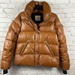 SAM. Isabel Vegan Down Puffer Jacket Faux Leather Stowaway Hood Saddle Brown S Photo 1