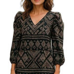 Vince Camuto Sheer Sleeve Geo Print Split Tie Neck Midi Dress Black Tan Sz 12 Photo 0