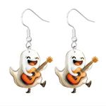 Cute Halloween Ghost W/Gutair, Acrylic Dangle Earrings, Party, One sided design Orange Photo 0