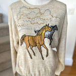 Vintage 90s Pioneer Wear Cream Metallic Gold Horse Applique Crewneck Sweater Size M Photo 0