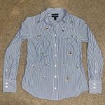 J.Crew Perfect Pinstripe Button Up Bee Insect Embellishment Jewels Blue White 0 Photo 3