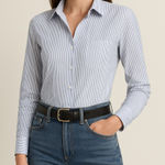 Veronica Beard  blue and white striped collared button down bodysuit Photo 0