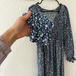 Blue Red Ditsy Floral V Neck Smocked Waist Ruffle Elastic Cuff Midi Dress Photo 3