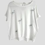 Orsay White Flamingo Top Women’s L – Silver Glitter Pearls Ribbon Tie Back Y2K Size L Photo 2