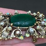 Vintage Unsigned Green Cabochon Gripoix AB Crystal Rhinestone Brooch Photo 8