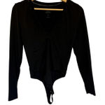 Good American v-neck long sleeved black bodysuit lace neckline women's size L Photo 0