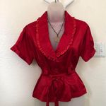 2000s Y2K Romantic Red ruffle button up fitted blazer blouse shirt belted waist short sleeve #whimsygoth #coquette Size L Photo 0