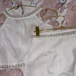 White rhinestone and pearl detailing two piece elegant top and mini skirt set size XS Photo 4