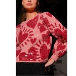 Farm Rio  Pink Hearts Sequin Sweater Size Large Pink Red Valentines Day Heart Photo 3