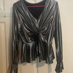 SheIn  Metallic Front Tie Silver Dress Shirt Size Medium Photo 0