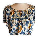 CHRISTIAN SIRIANO NEW YORK Womens Top Large Linen Smocked Abstract Art to Wear Blue Photo 1