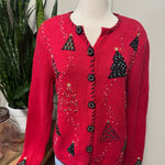 Vintage Holiday Cardigan Ramie Cotton Christmas Tree Beaded M Red Size M Photo 0
