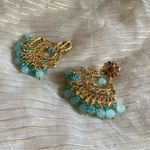 Pakistani Indian Earings Jhumka Tikka Gold Plated Kundan Jewelry Set Light Blue Photo 3