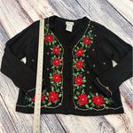 Vintage Christmas Beaded Black Cardigan with Red Floral Embroidery Size L Photo 7