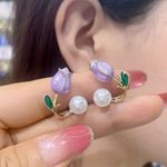 Trendy Elegant Purple Tulip Flower Pearl Stud Earrings, Women's‎ Stud Earrings Gold Photo 4