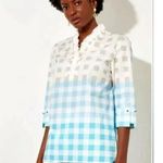 Ming Wang Top Womens 2XL Tan Blue Check Gingham Poplin 100% Cotton Tunic Ruffle Photo 3
