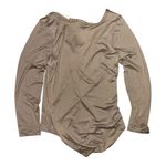 Capella Plus Size Dunkin’ Latte Long Sleeve Split Neck Linen Blend Bodysuit Tan Photo 2