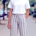 NWT L.L. Bean 100% Linen Raw Indigo Blue Pin Striped Breezy Wide Leg Pants Size 12P Photo 0