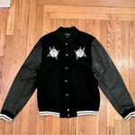 PacSun Women’s Bomber Jacket Black White Embroidered Medium Gothcore Rose Skull Photo 1