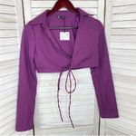 ZARA  Houndstooth Cropped Polo Top Purple Black Small Long Sleeve‎ Deep V-neck Photo 9