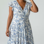 Taylor Floral Print Wrap Dress Blue White Flutter Sleeve Tiered Midi Size XL Photo 0