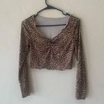 SheIn tan black leopard cropped long sleeve shirt top with v neck ruch neckline Photo 1