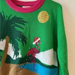 Poof! Poof New York Merry Christmas Flamingo Beach Green Pink Knit Sequin Sweater M Photo 1