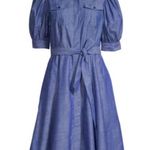 Calvin Klein Puff Sleeve Belted Dress Size 12 Chambray Denim Pockets Photo 14