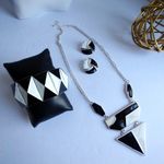 Silver Black Geometric Necklace Earrimgs Bracelet Set Photo 0