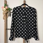 Popsugar  Black White Polka Dot V Neck Tie Front Long Sleeve Blouse Size Large Photo 4
