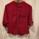 Notations Cute red black striped blouse roll sleeve pockets  petite small office Photo 8