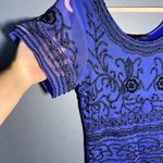 Sacada Blue Black Beaded Short Formal Dress with Sheer Sleeves and Embroidery Size 10 Photo 2