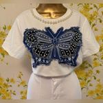 Pearl Embellished White and Blue denim Butterfly Top size M Size M Photo 0