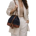 Dooney & Bourke  Navy Suede Bucket Bag Brown Leather Drawstring Tassel Photo 1