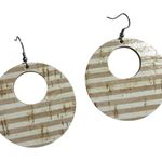 Handmade Khaki Striped Round Cutout Cork On Genuine Leather Earrings 2" New Photo 0