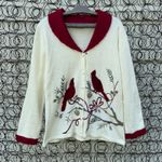 Vintage 90s JTWO Christmas Cardinals Winter Cardigan Sweater Red Collar LARGE Photo 0