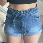 Women size small High waisted blue jeans short rushed waistband belt stretch Photo 0