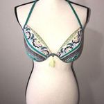 Shade & Shore Swim Bikini Top Size 34DD Blue Green Print Tassel Gold Beading Photo 0