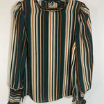 Haute Monde Women's Blouse Puff Long Sleeve Smocked Cuff Pinstripes Green Small Photo 0