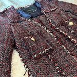 ZARA Basic Tweed Longline Coat Jacket XS Black Red Fringe Bouclé Photo 11