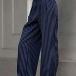 Pinstripe Pleated Wide Leg Dress Pants Navy Color Blue Size L Photo 1