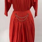 Vintage 80s Midi Sheath Dress Dolman Sleeve Pearl Chain Waist Coral Gold Small Orange Photo 0