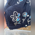 Laura Ashley Navy Blue Cardigan Sweater White Blue Embroidered Flowers Pockets Photo 6