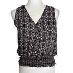 Sleeveless Floral Blouse Top Small Black Smocked Waist V Neck Surplice Wrap Pink Photo 0