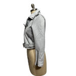 Signatures Moto Jacket Womens Size S light gray Faux Suede Cropped Belt Zippers Blue Photo 2