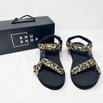 [Shushop] Bessie Leopard Faux Fur Bandana Mixed Print Velcro Sandals Sz 10 NWT Black Photo 2