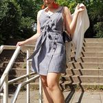 ✨ Button Detail Self Belted Overlap Striped Dress✨ Gray Size L Photo 3