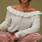 Anthropologie  Ivory White Ruffled Boat Neck Soft Wool Knit Sweater Size Medium Photo 0